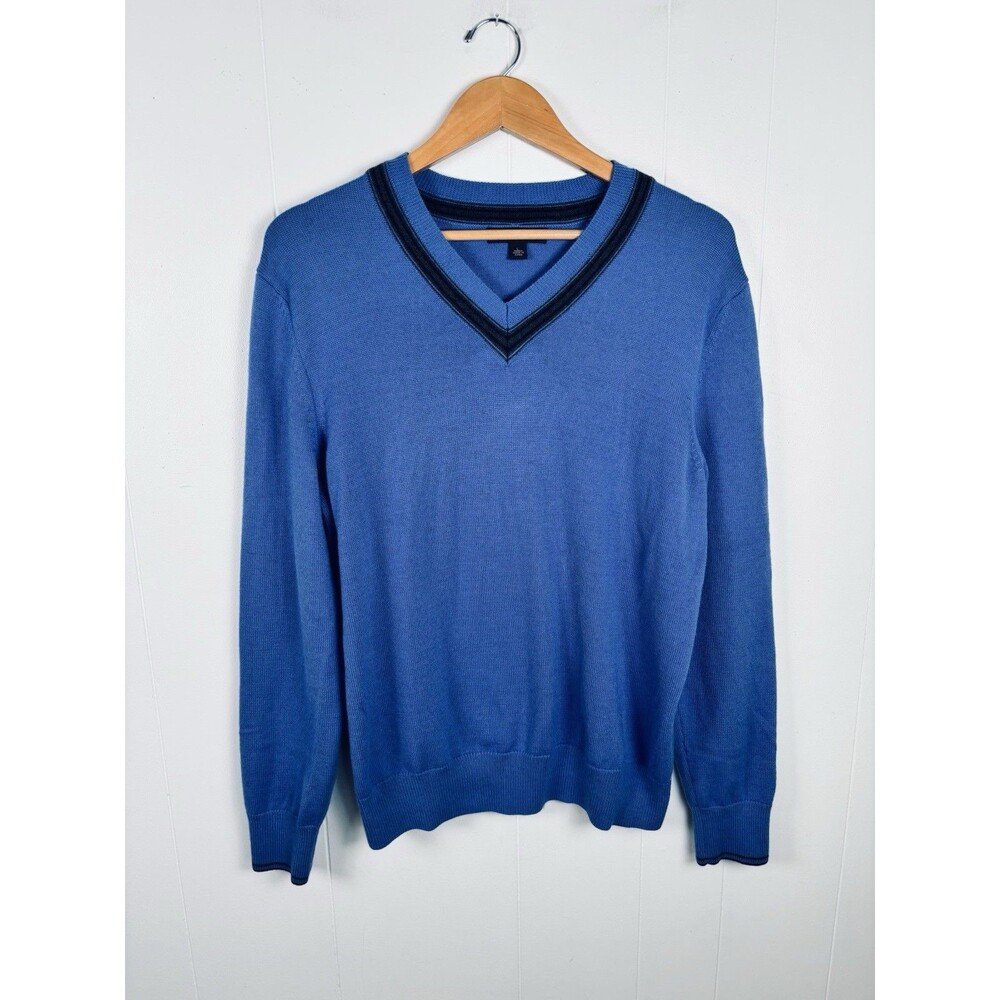 Banana Republic Mens Large Extra Fine Merino Wool Blend V-Neck Sweater Blue